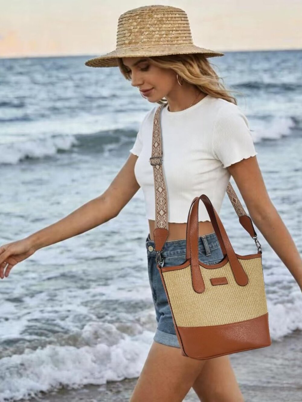 Tote Bag for Women,Straw&Vegan Leather Bucket Bags Crossbody Top Handle Purses A - Picture 3 of 9